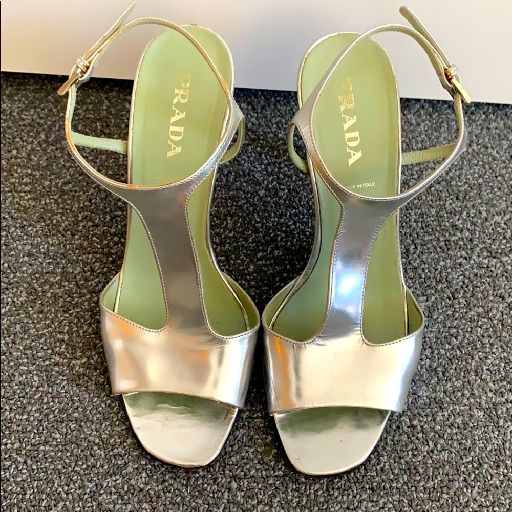 PRADA Silver Leather Sandal Heels 37/7